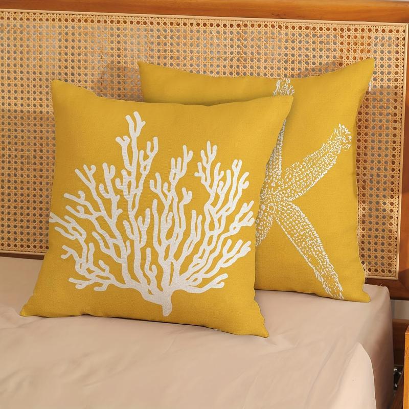 TEMU 2pcs Yellow Cushion Covers With Starfish And Coral Prints Short Plush Pillowcase 17.7 Inches X17.7 Inches Without Pillow Core, Single-sided