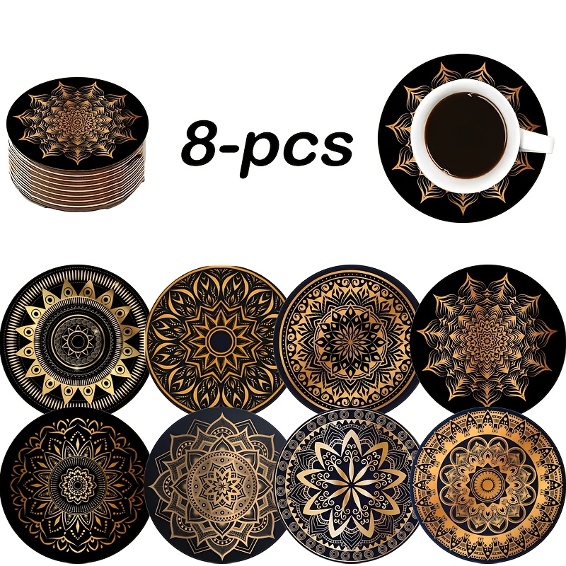 TEMU 8pcs Mandala Coasters - Waterproof Wooden Art Design, Non-slip Suitable For Bars/offices/homes, Essential For Christmas Party Decorations