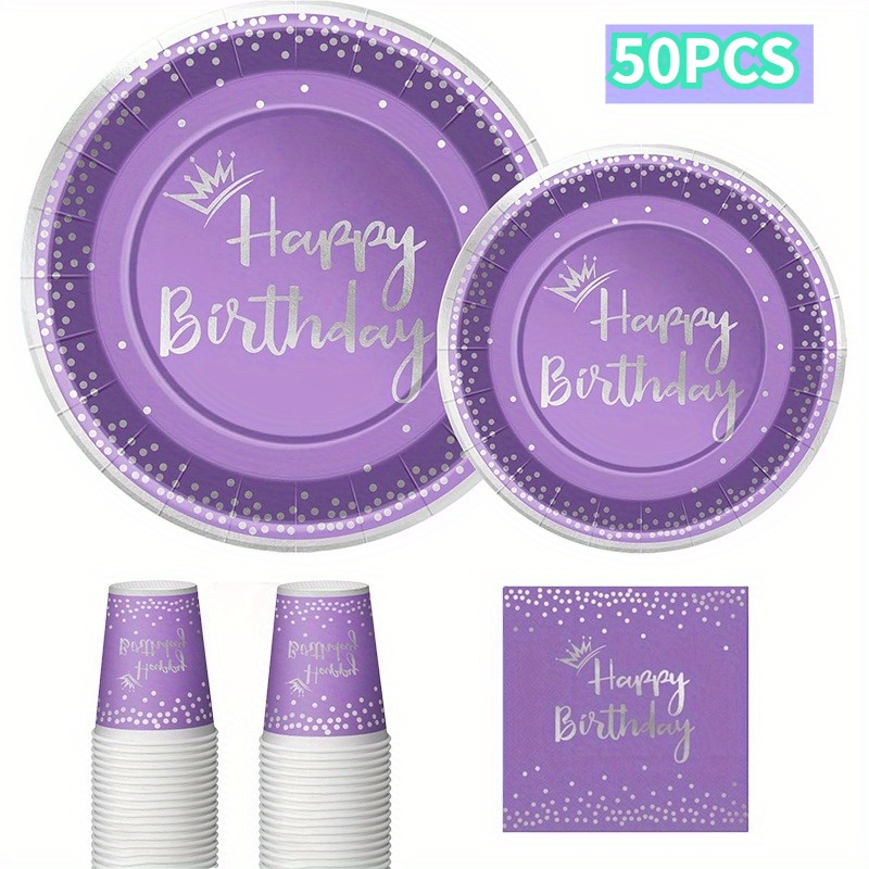 50pcs, Purple And Silvery Birthday Plates Napkins Cups Set Party Tableware Set Happy Birthday Party Decorations, Paper Plates, Napkins And Cups For 10 Guests