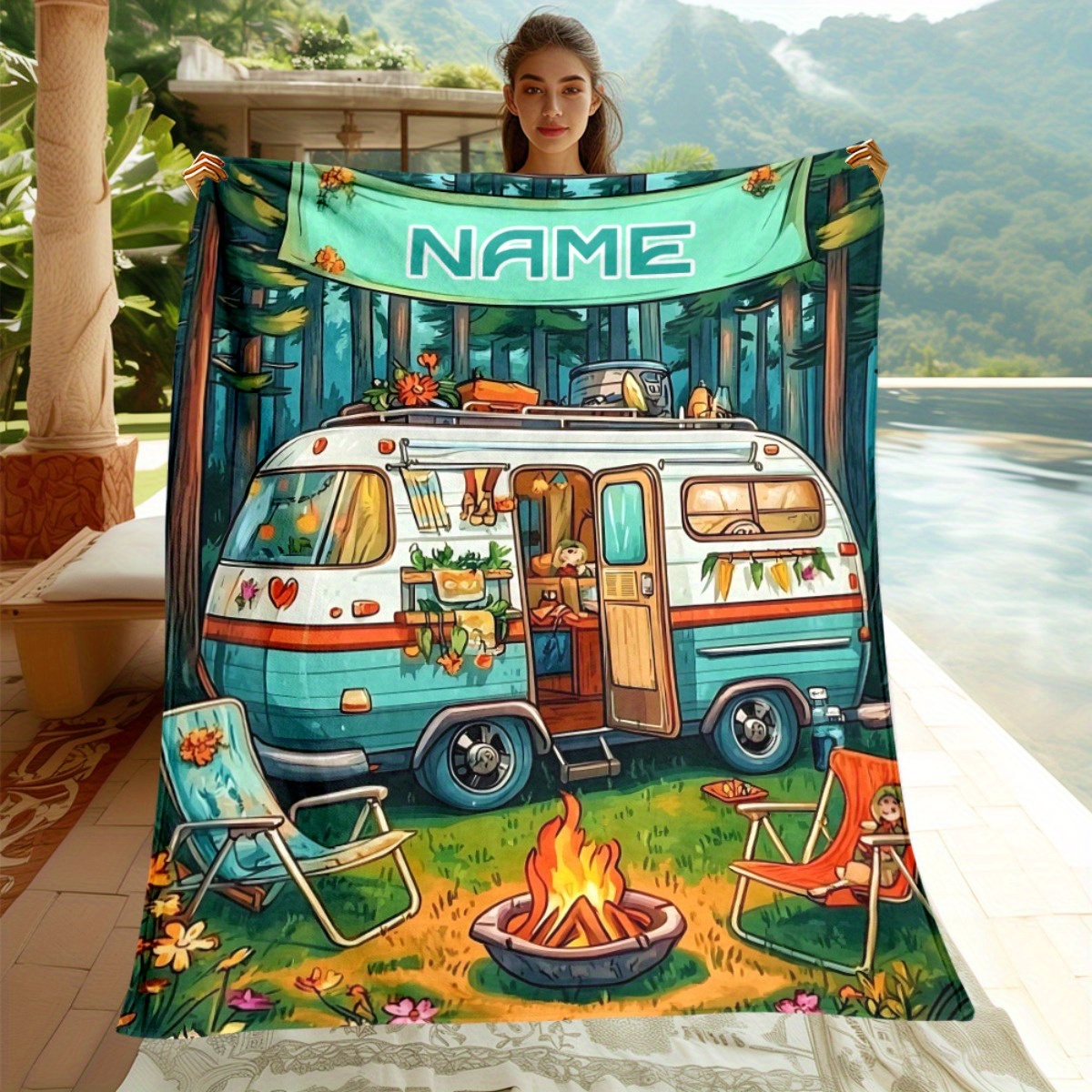 TEMU Personalized Van Blanket - Lightweight Soft Warm, With Custom Name/text, Retro Camping And Bonfire Design, For Sofa, Bed, Travel, Camping -