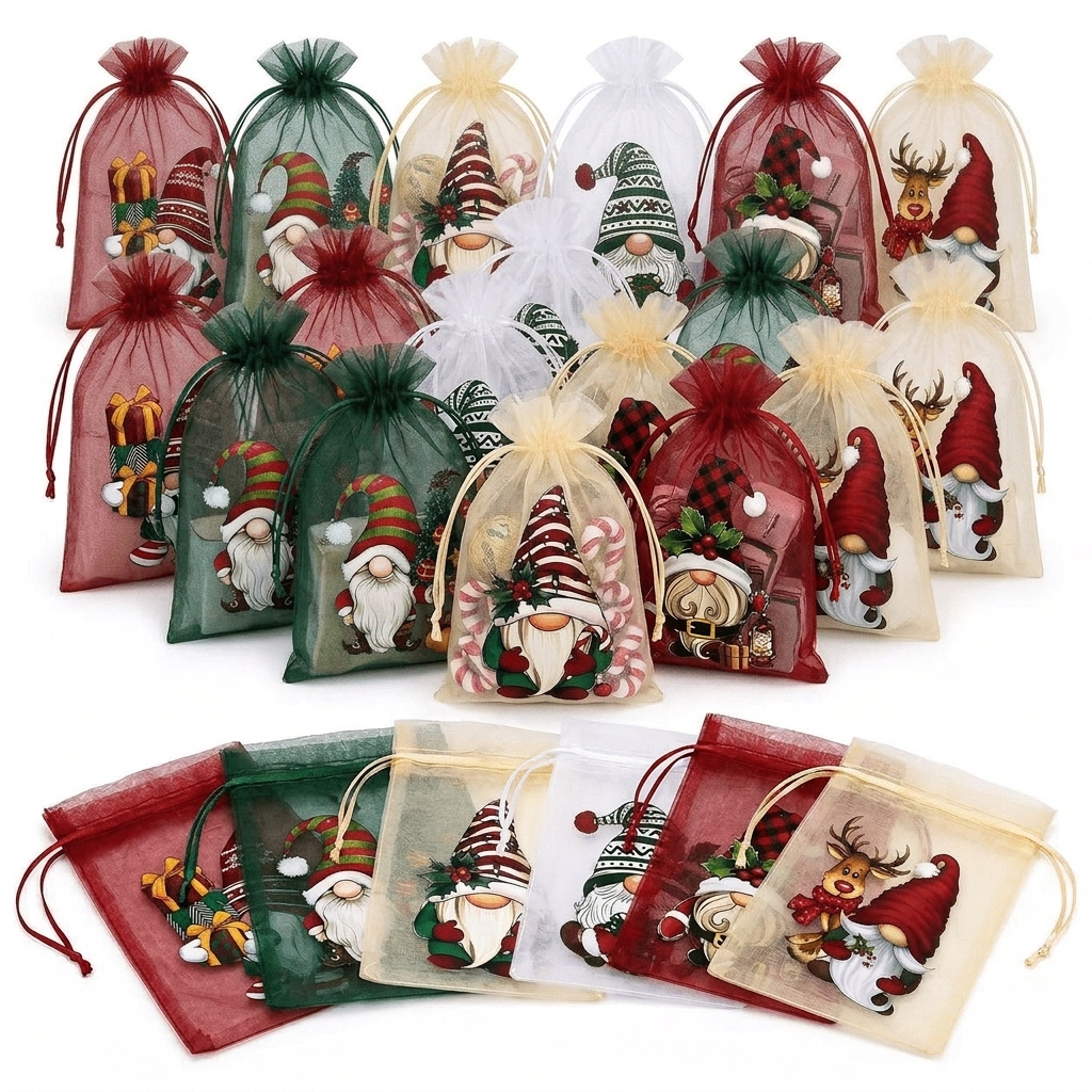 TEMU 24pcs Sacs Cadeaux Organza Noël, Sacs à Snacks à Cordon, Sacs à Bijoux en pour Fêtes d'Année, Décoration d'Arbre de Noël, Emballage de Bonbons,