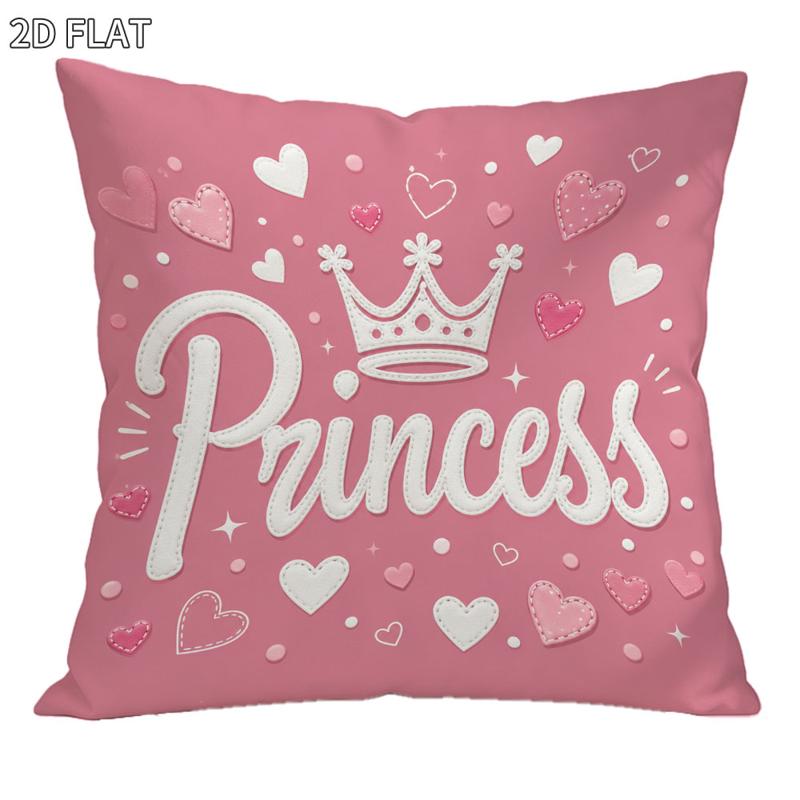 TEMU Housse de coussin rose sur le thème princesse, 1 pièce 18x18 pouces, taie d'oreiller carrée, motif plat 2D avec couronne, cœurs et paillettes,