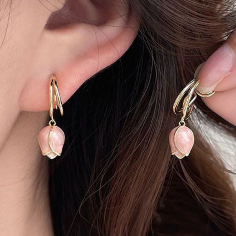 E-shop Elegante französische rosa Emaille Tulpen Clip-On Ohrringe für Damen Dating Party Urlaub Freizeit Temperament Ohrringe Schmuck Nicht-piercing