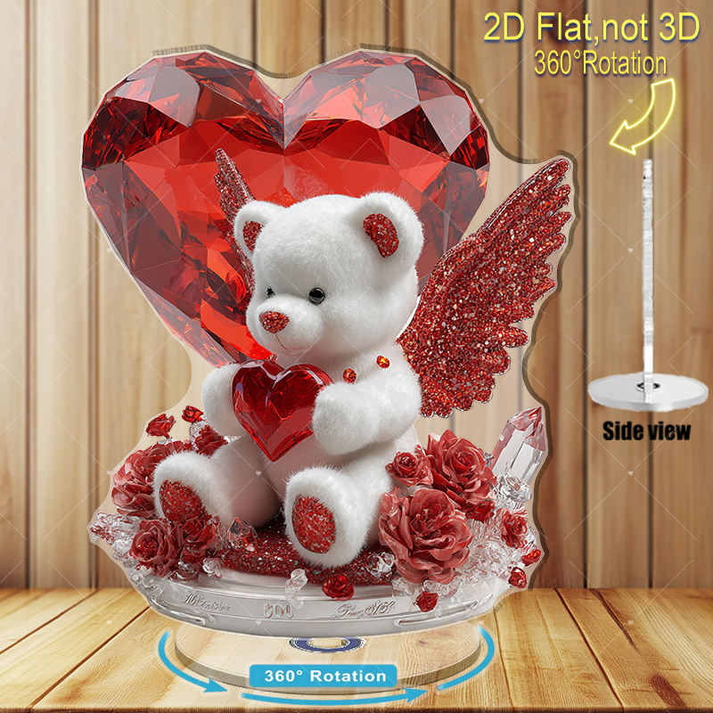 E-shop 2D Flach, 1 Stück Luxuriöse Drehbare Teddybär-Statue mit Funkelnden Flügeln & Herz-Kristall - Glänzende Acrylfigur geeignet für Weihnachts-,