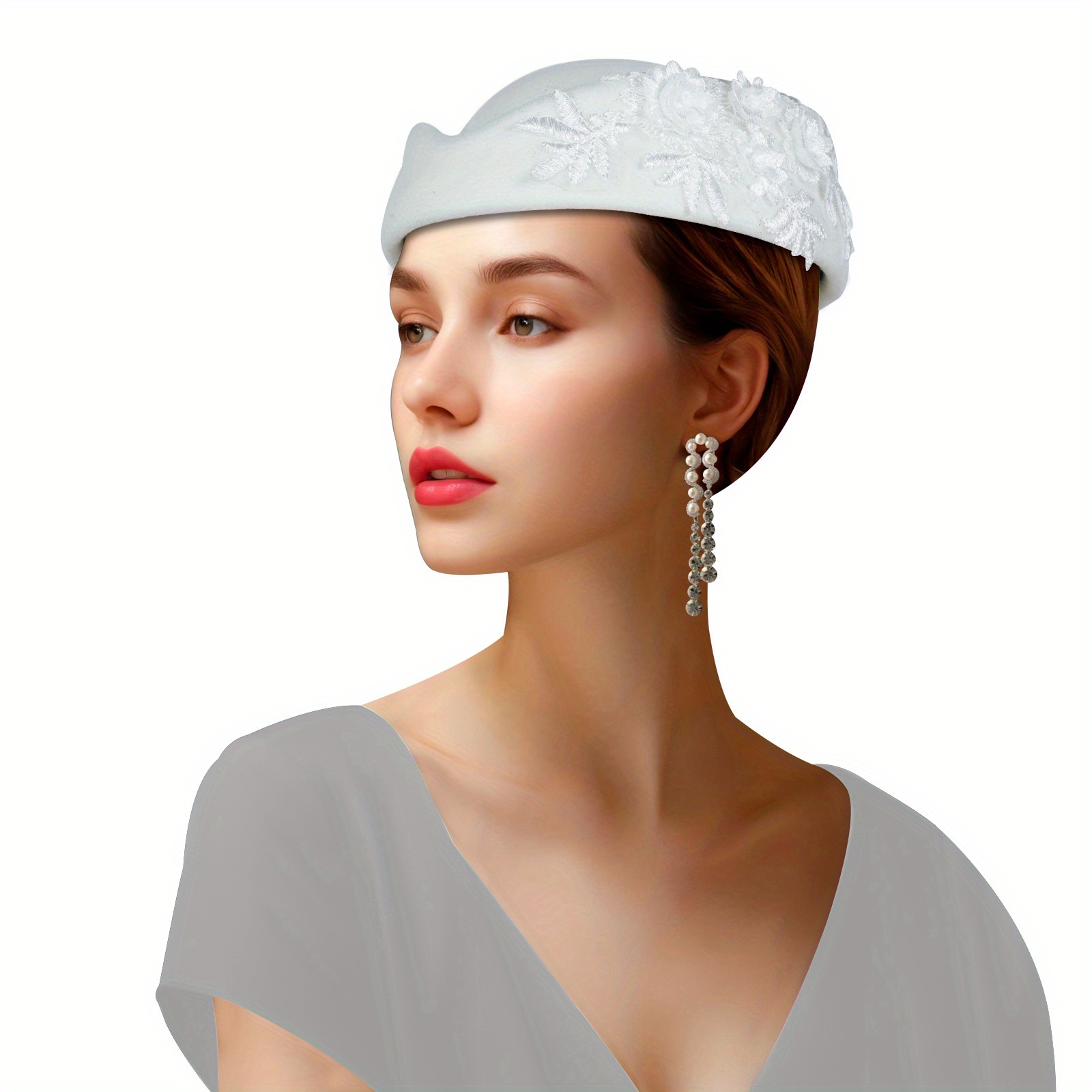 Women\'s British Felt hat Church Derby Headdress Floral Beret hat White Accessories | Womens British Felt Hat Church Derby Headdress  main image 3