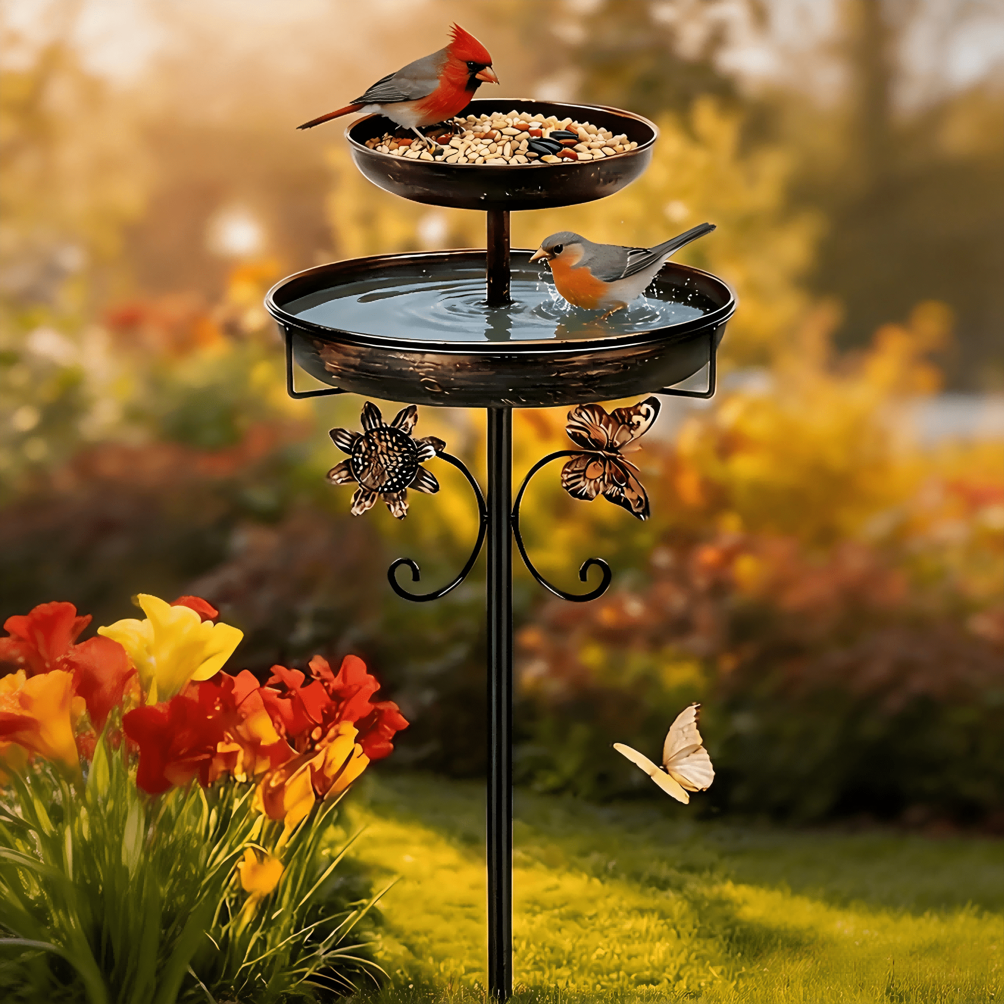 TEMU Iron Single-layer/double-layer Durable Bird Bath Tub Large Capacity Water Collection Feeding Basin Bird Bath And Feeder Combo 5-prong Detachable