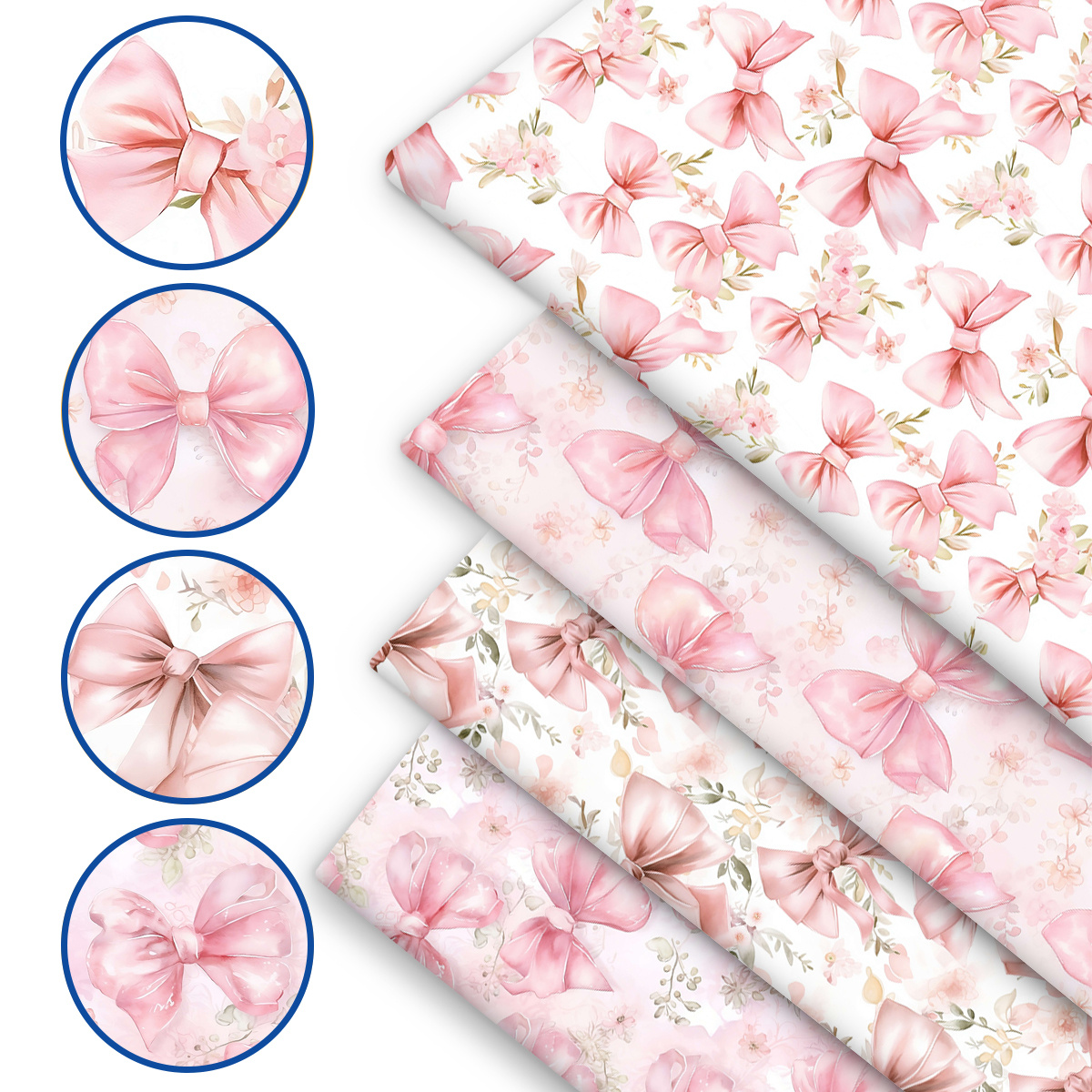 E-shop 4er-Set mit vorgeschnittenen Fat Quarter 18x22 Zoll, vier pastellfarbene Schleifen, süßer mädchenhafter Stil mit mehreren Hintergrundmustern zur