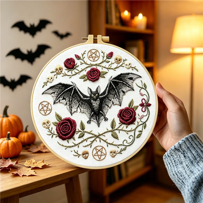 Gothic Black Bat Red Rose Skull Embroidery Kit for Beginners