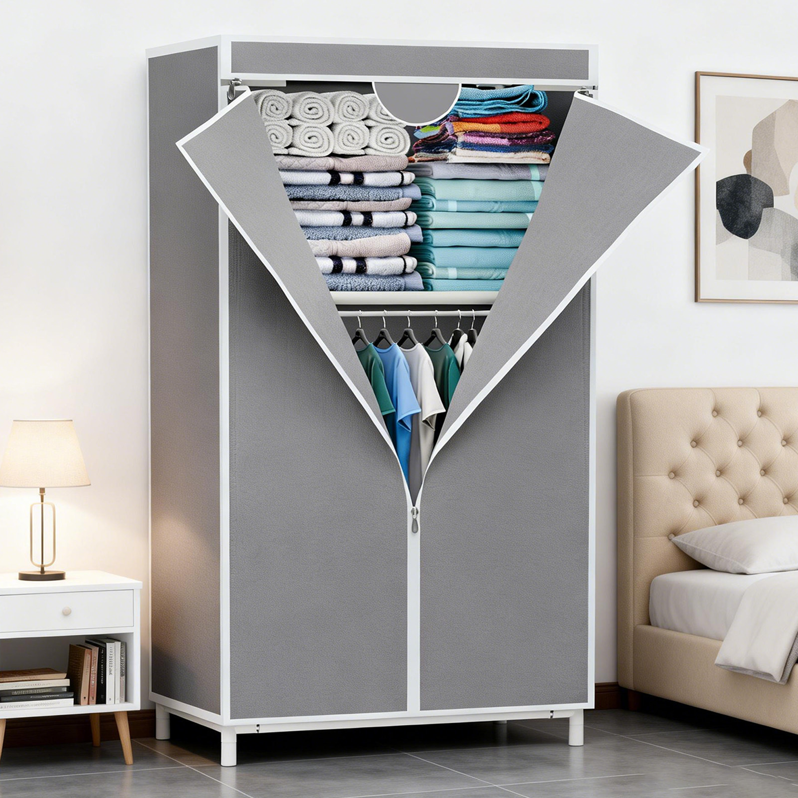 Image of Portable Wardrobe With Hanging & Folding Sections, T-zipper Dust , Setup For Bedroom, Apartment, Dorm & Tiny Home, Portable Closets