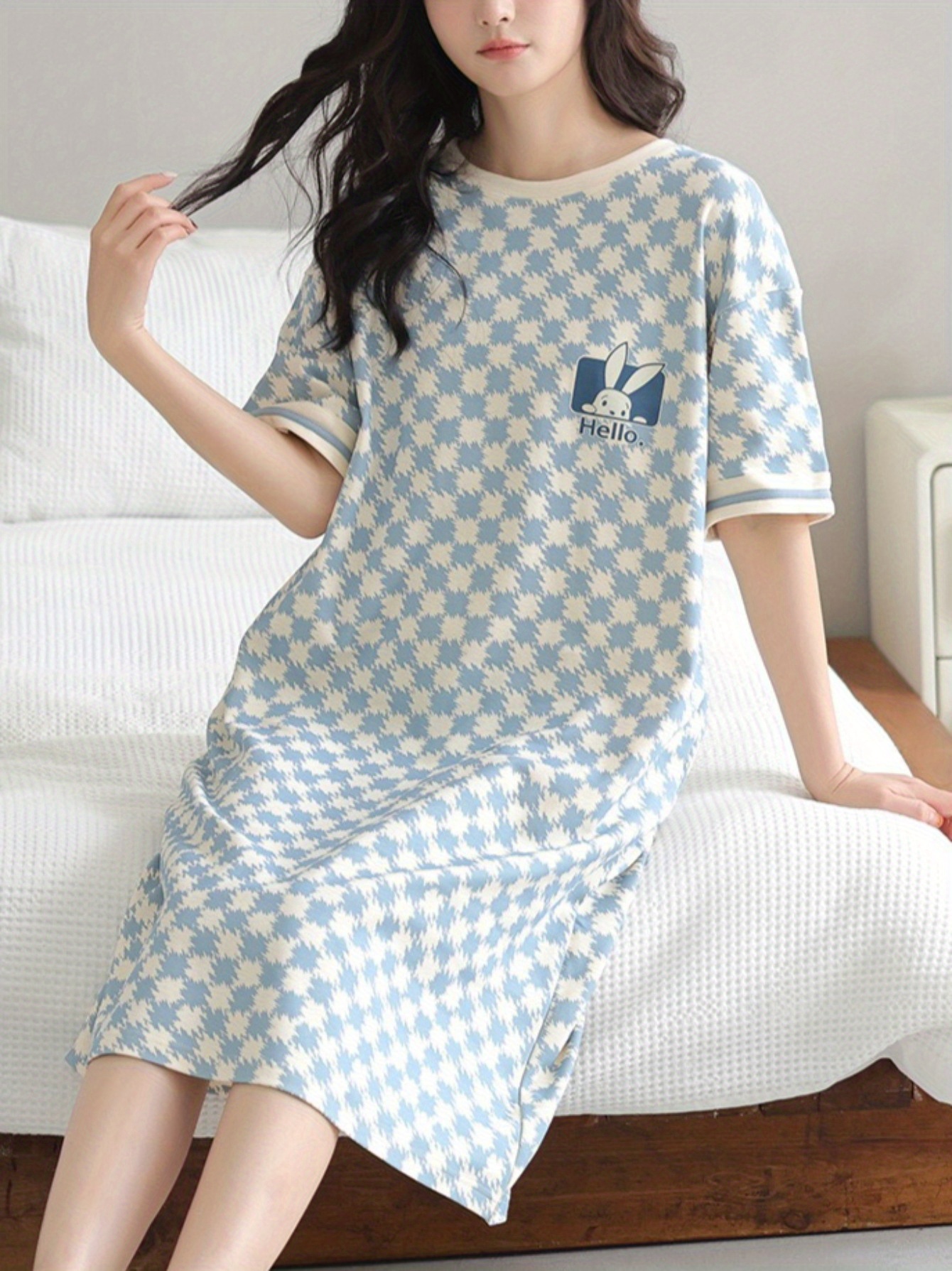 womens blue white gingham rabbit print short sleeve sleep dress casual loose   length nightgown with round neck   spring summer   rooms cozy loungewear   print dress soft fabric sleepwear  
