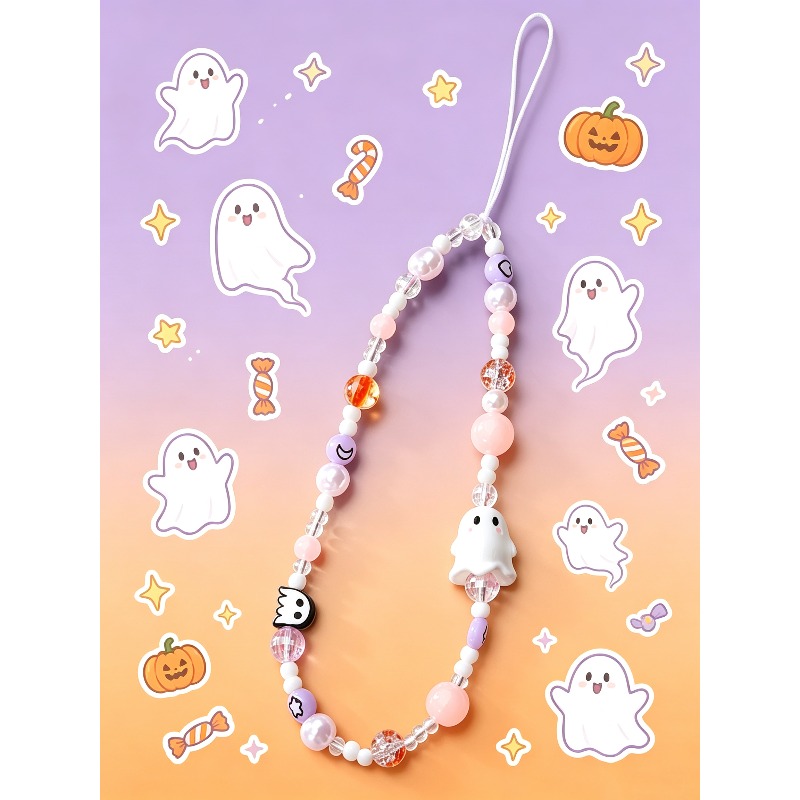 TEMU 1pc Halloween Soft- Beaded Phone Charm, Handmade Acrylic Bead Bracelet, Sweet Pink-purple Bead Phone Lanyard, Suitable For Parties, Casual