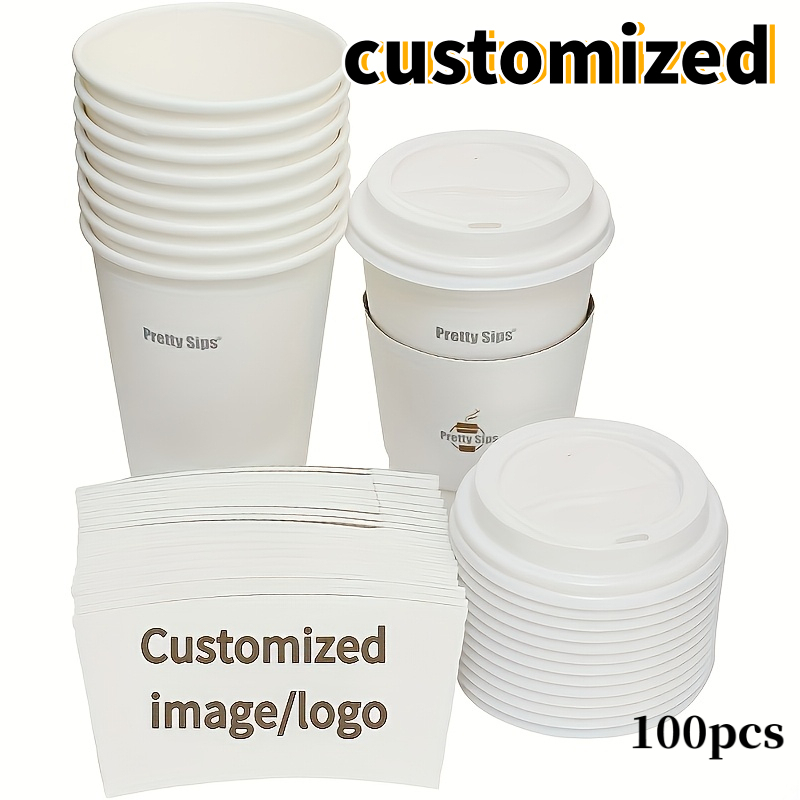 TEMU Customized Personalized White Coffee Cup Set, Disposable Hot And Cold Cup Set, Customized Text, Pictures, Logo, Suitable For Office, Family,