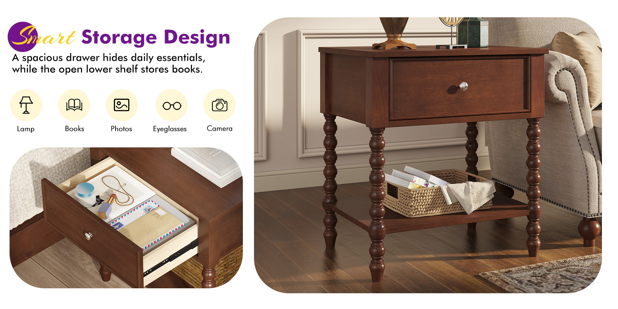 PAPAJET Solid Wood Nightstand with Drawer Walnut Bedside Table Mid Century Bedroom Furniture Single or Set of 2 Options