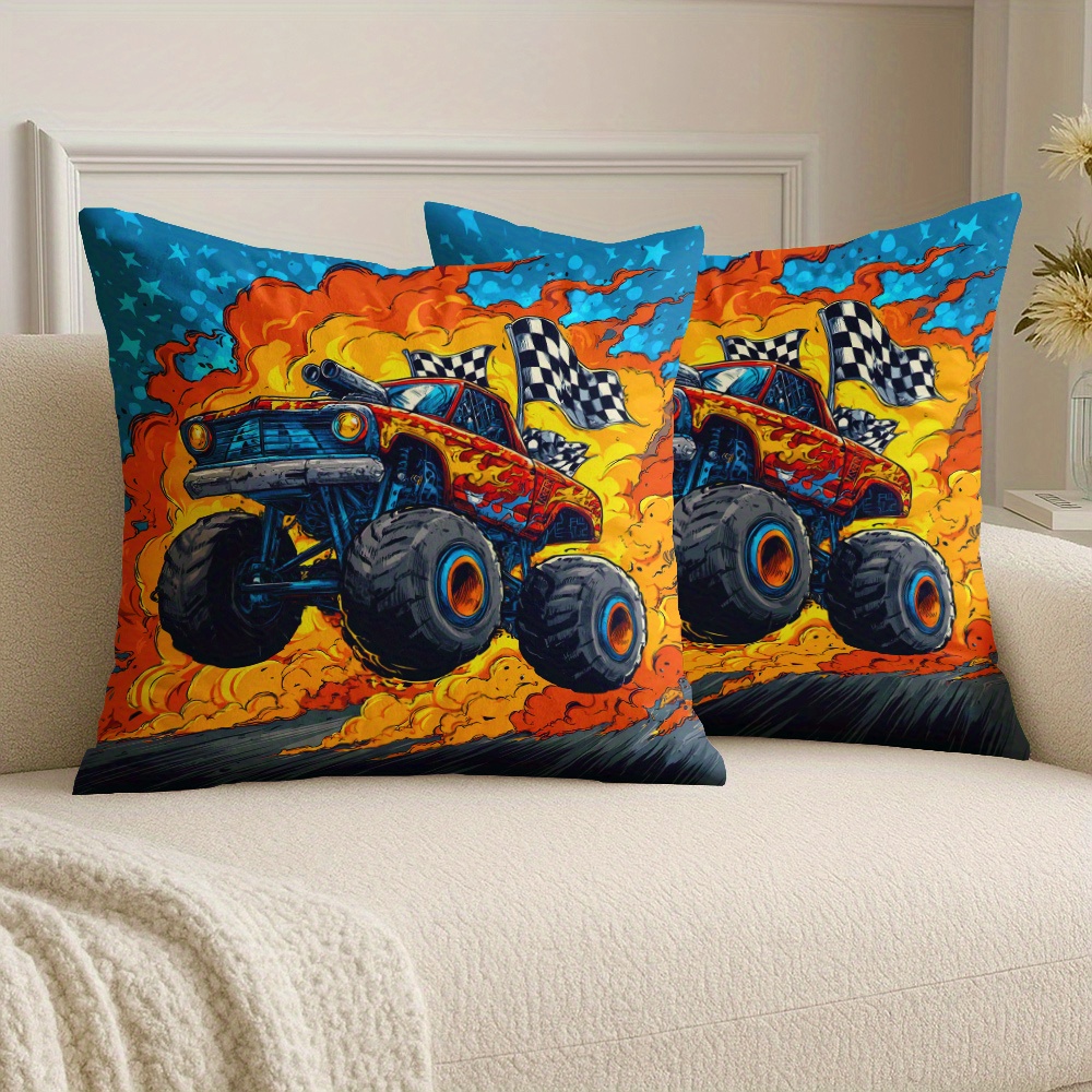 TEMU Set Of 2 Cartoon Monster Truck Throw Pillow Covers Featuring Flames, Measuring 18x18 Inches (45x45 Cm). Soft Plush Decorative Cushion Covers Are
