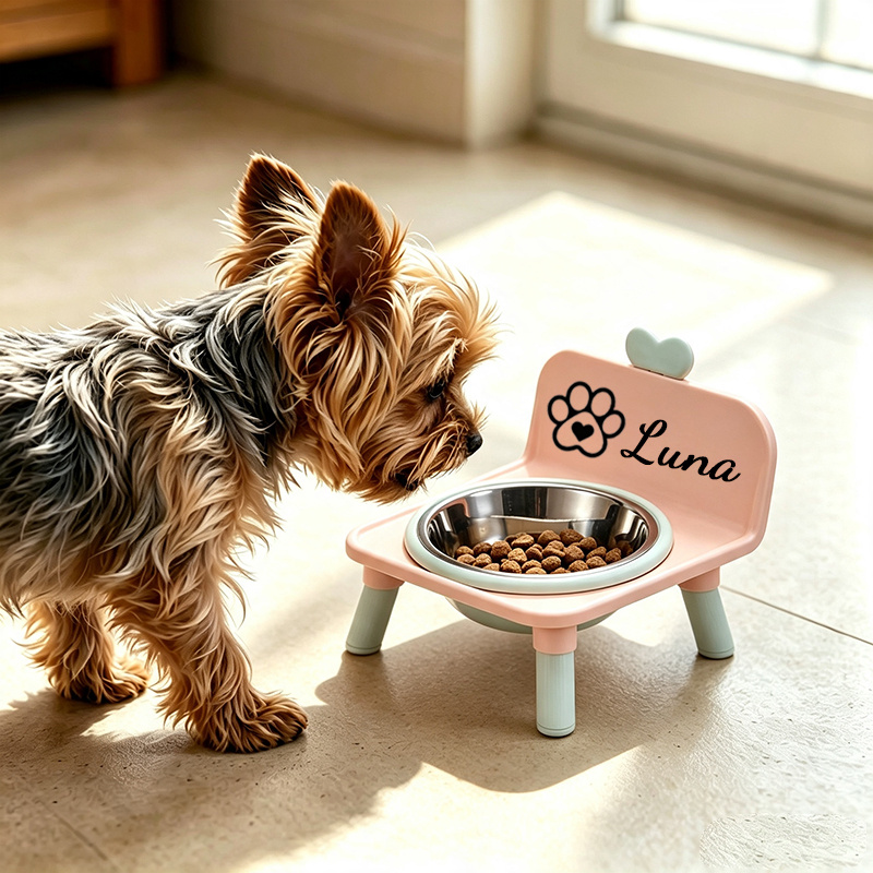 TEMU 1pc Heart-shaped Backrest Pet High-leg Single Bowl, Supporting Personalized Pattern, Neck Protection Elevated Anti-spill, 4pcs Contrast Macaron