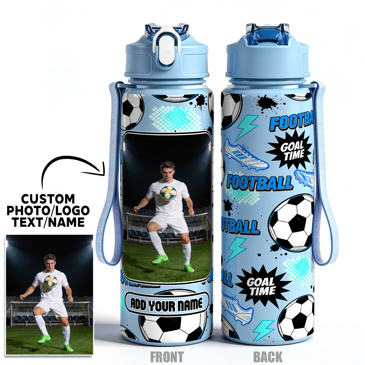 TEMU 1pc, 25oz Personalized Football Photo And Name Water Bottle, Leak-proof Sports Bottle, Customizable Gift For , Ideal For Gym Hiking Cycling