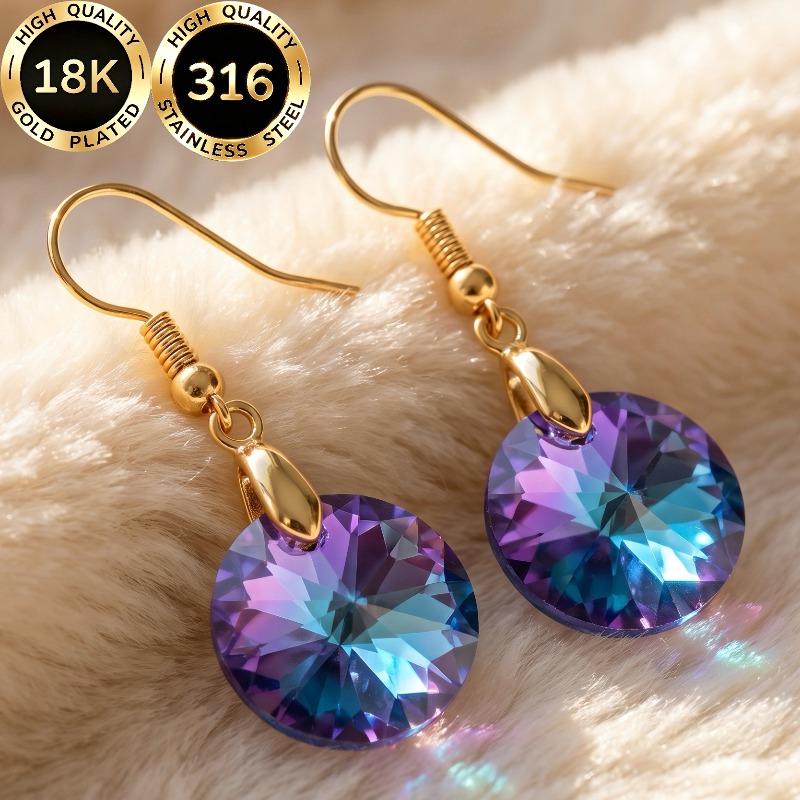 TEMU 1 Pair High-quality Steel 18k Golden Plated Hypoallergenic Face-shaping Light Luxury Elegant Sparkling Purple Gradient Round Shape Synthetic