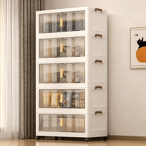 5 tier large transparent panel folding storage cabinet plastic storage box with castors foldable storage system suitable for wardrobes bedrooms offices kitchens and room decor for home storage and organisation