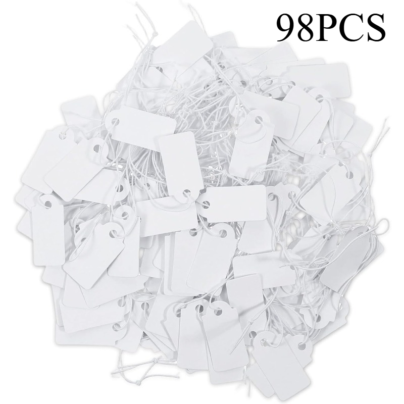 TEMU 98pcs Small Price Tags With Elastic Strings, White Blank Hang Tags, Mini Labels For Clothes, Jewelry, Gifts And Product Pricing