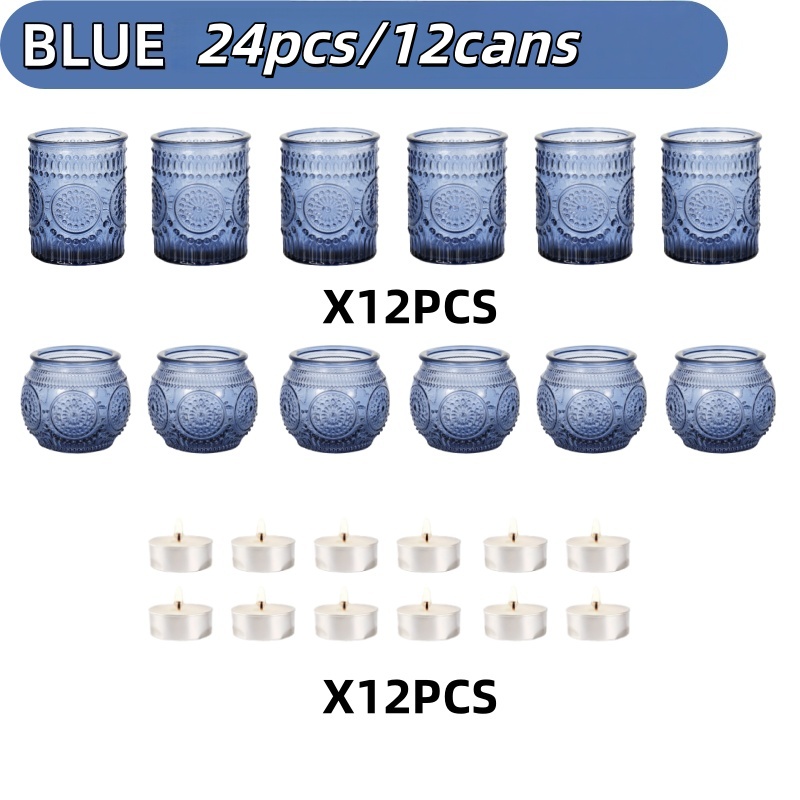 Image of 12/24/set Blue Sunflower Style Wishing Candle Holder Cylindrical Candle Holder Set, Used For Wedding Home Decoration, Tea Lamp Candle Holders, Holiday Parties, And Gifts