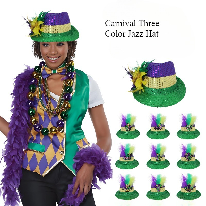 

Chapeau de jazz tricolore Mardi Gras Carnival avec plumes artificielles, 100% polyester, uniquement, accessoire cosplay pour les fêtes de et les représentations