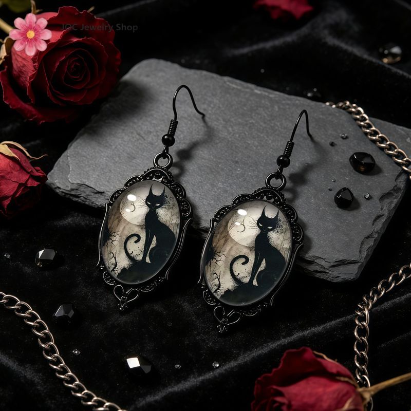 TEMU Gothic Black Cat Dangle Earrings - Vintage Oval Cameo Pendant, Whimsical Night Silhouette Design, Aesthetic Jewelry Accessories - Perfect Gift