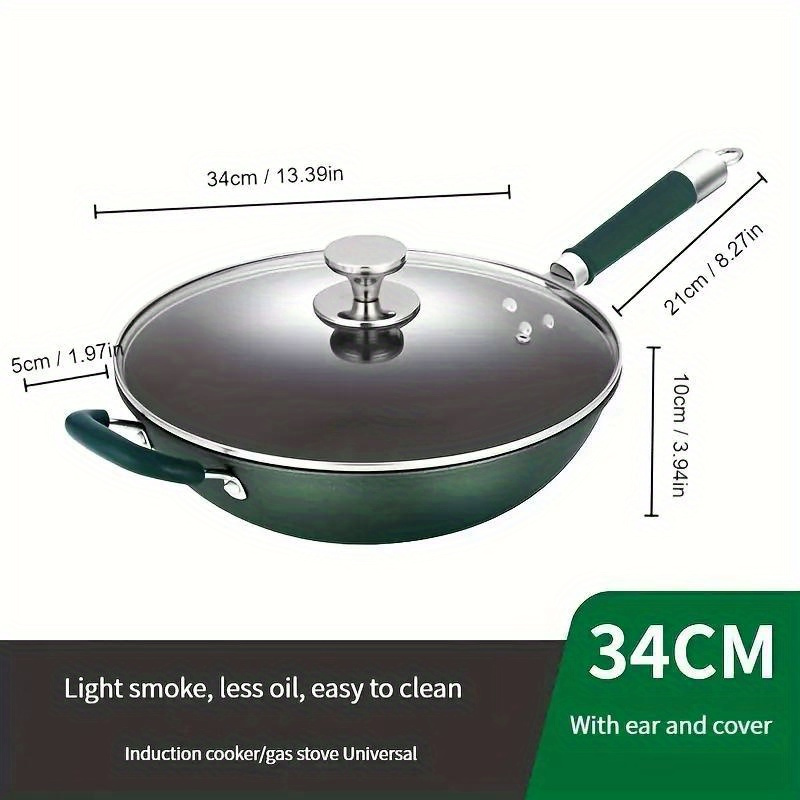 TEMU 1pc Frying Pan With Lid, Household Cooking Wok, 34cm Stir Fry Pan For Cooking Compatible With Induction/ Gas Stove, Induction Cooker For Home