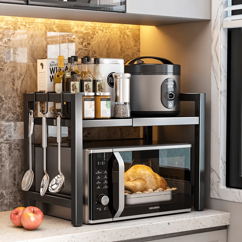 TEMU 1pc Extendable Microwave Rack - 2- Tier Kitchen Countertop Organizer With Adjustable Shelves, Space- Saving Microwave Shelf, Durable Material,