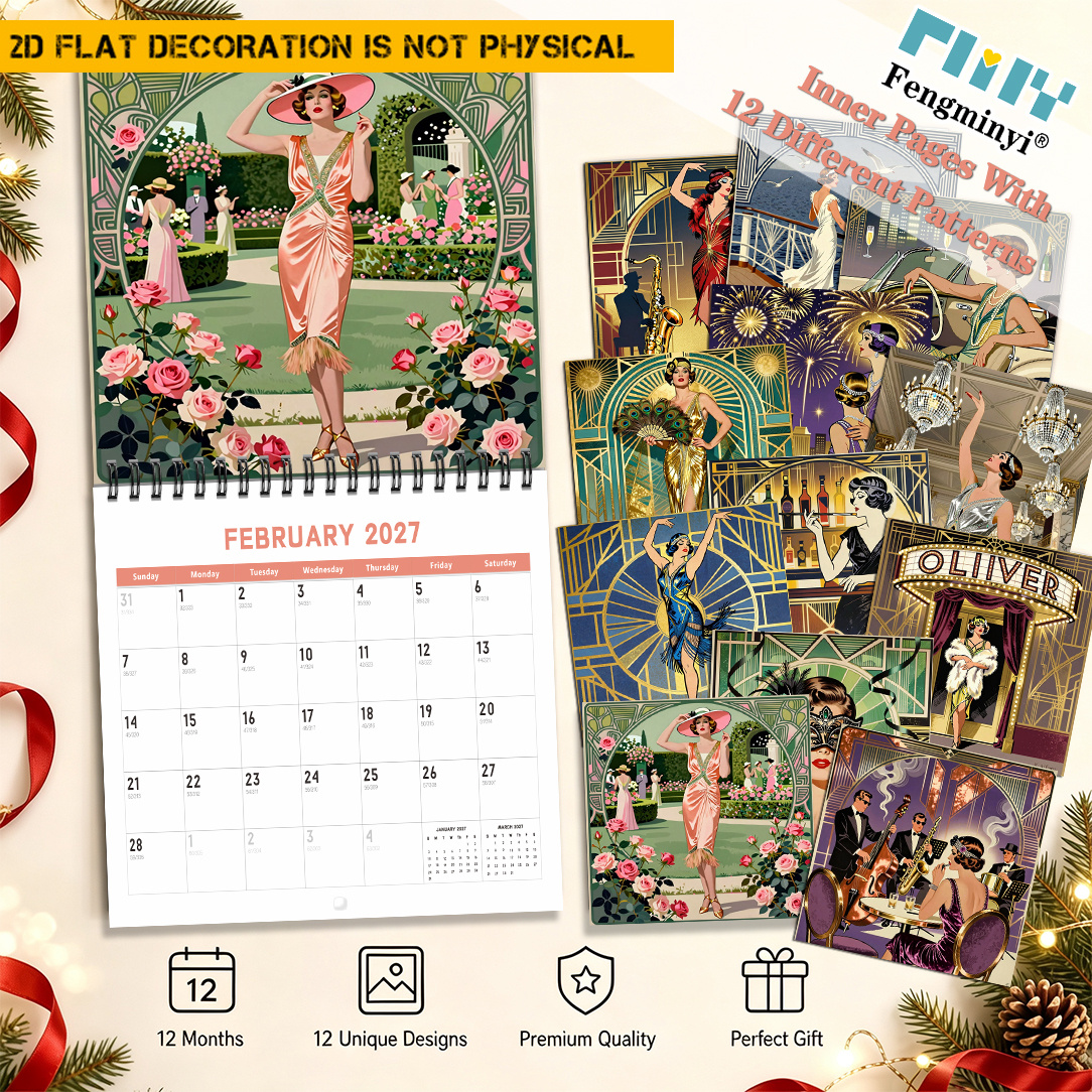TEMU 2d Flat 1pc 2027 Calendars, 2027 Humorous Calendar Desktop Desk Wall Calendar, Green Golden Decor Retro Women' Deco Illustration Pattern Light