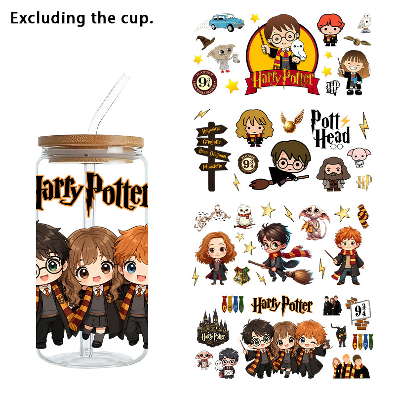 TEMU 4pcs/set, Wb, "harry Potter" Series Glass Cup Decals, Uv Dtf Transfer Paper, Suitable For 16- Cup Transfer Paper, Beverage Cup Transfer Paper,