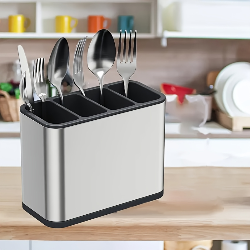 

1pc Modern Stainless Steel Kitchen Utensil Holder With Drainage - Multifunctional Cutlery Organizer For Spoons, Chopsticks, Knives, And Forks With Removable Base And Non-slip Design