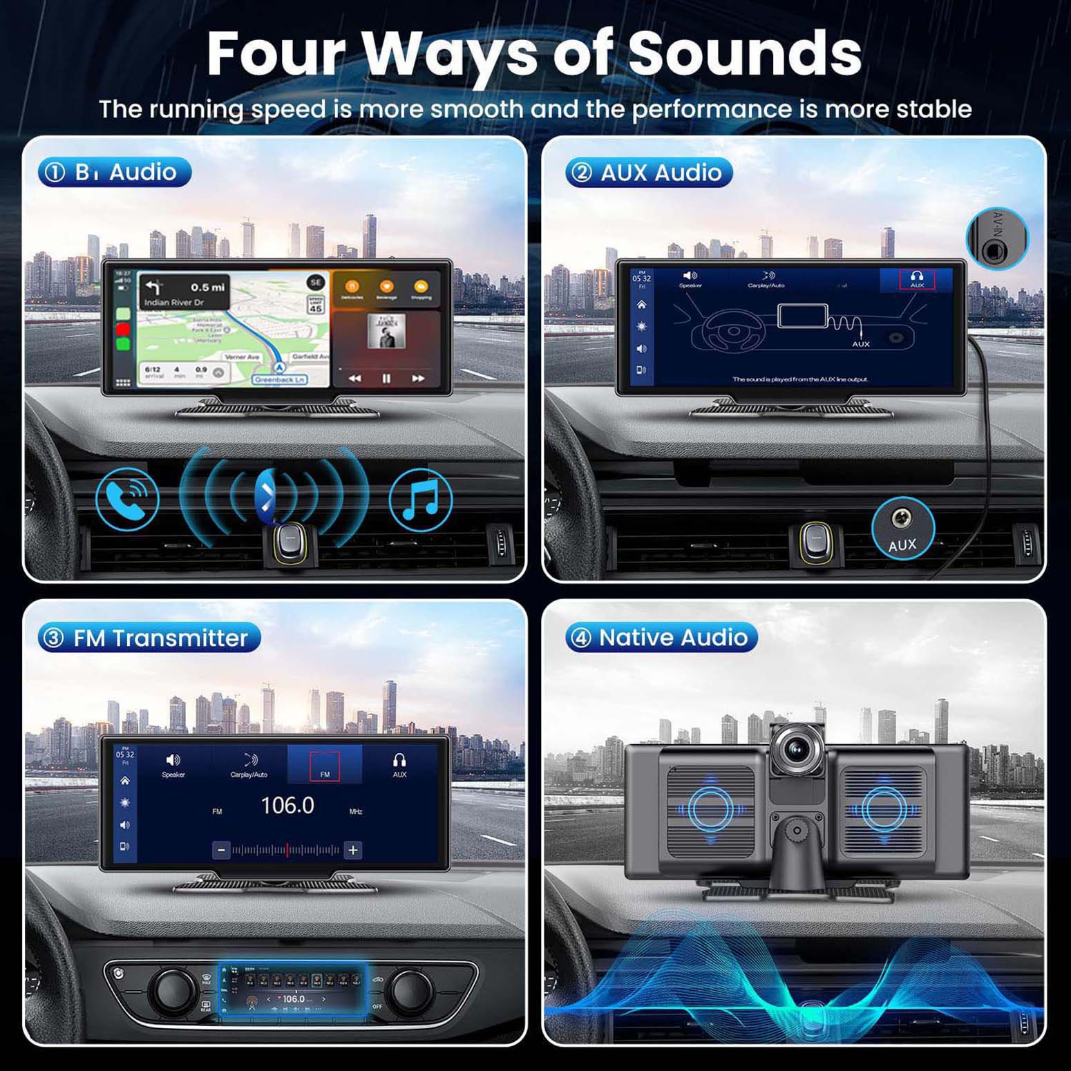 4K Front Dash Cam, 1080P Rear Camera, Portable Carplay Screen for Car - 26.06 cm Carplay & Android Auto Car Touch Stereo, with 64G TF Card, BT, GPS Navigation