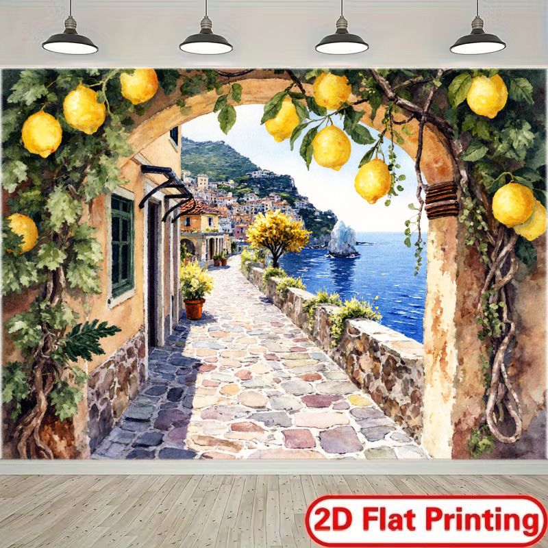 TEMU 1pc Italian Amalfi Lemon Themed Backdrop - Mediterranean Suitable For Parties, Photo Shoots, Italian Weddings & Themed Events - Lemon Print Wall