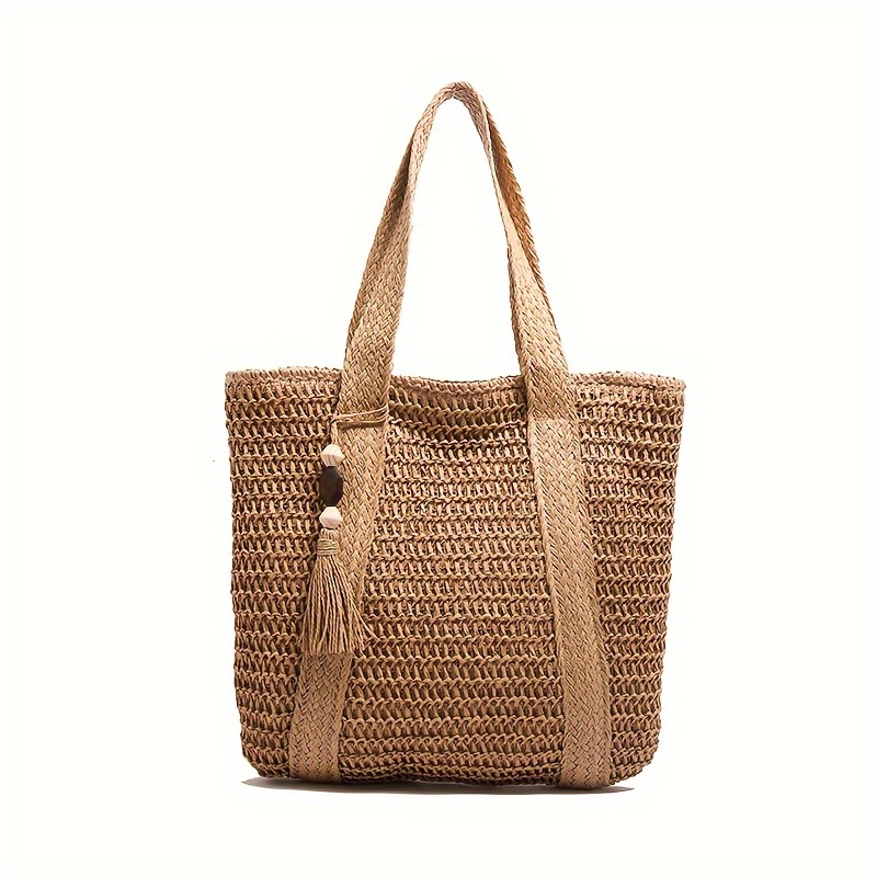 Minimalist Straw Woven Design Shoulder Bag, Tassel Decor Handbag, Women's Beach Vacation Bag