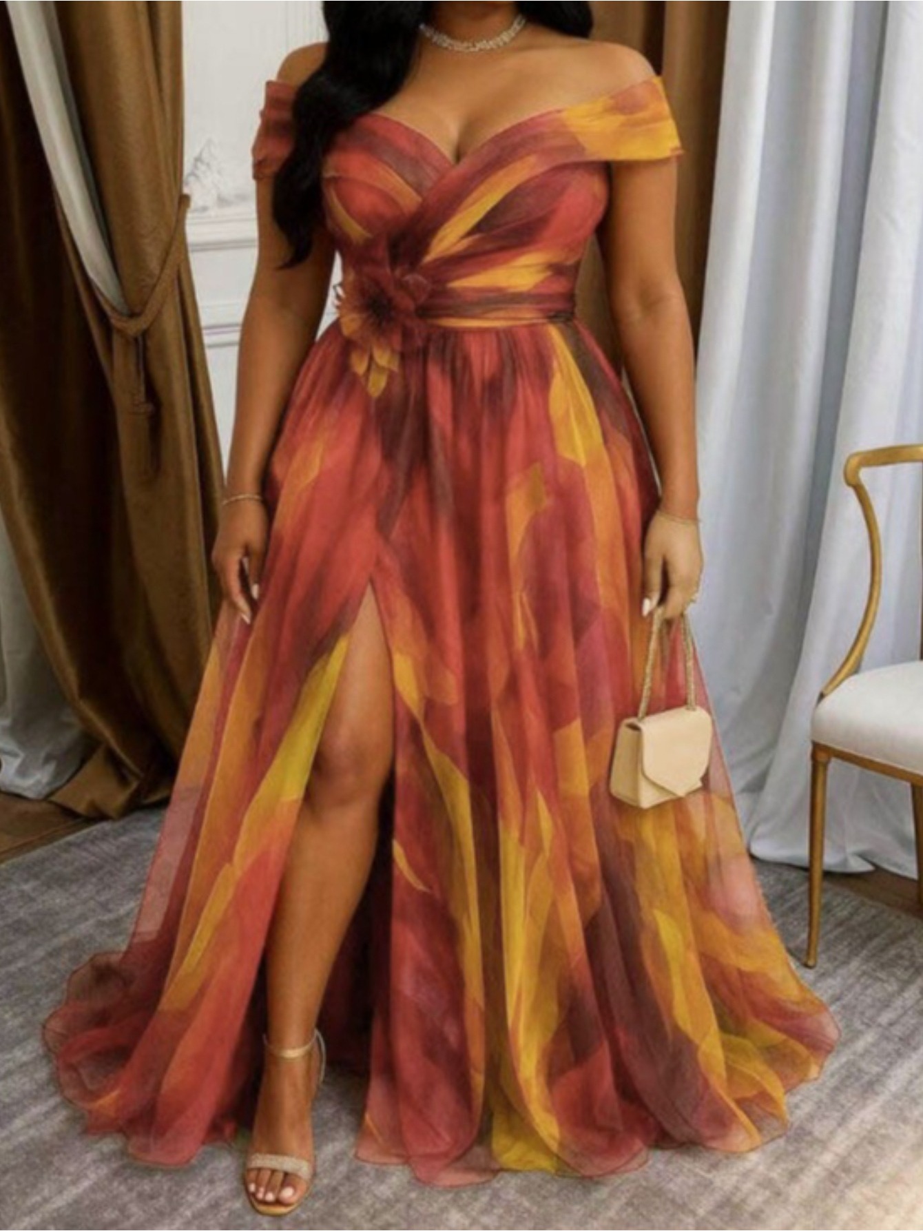 imagen del artículo vestido maxi de mujer talla   con   descubierto, cintura   y detalles florales, estampado degradado, estilo swing ideal para  ,   y banquetes