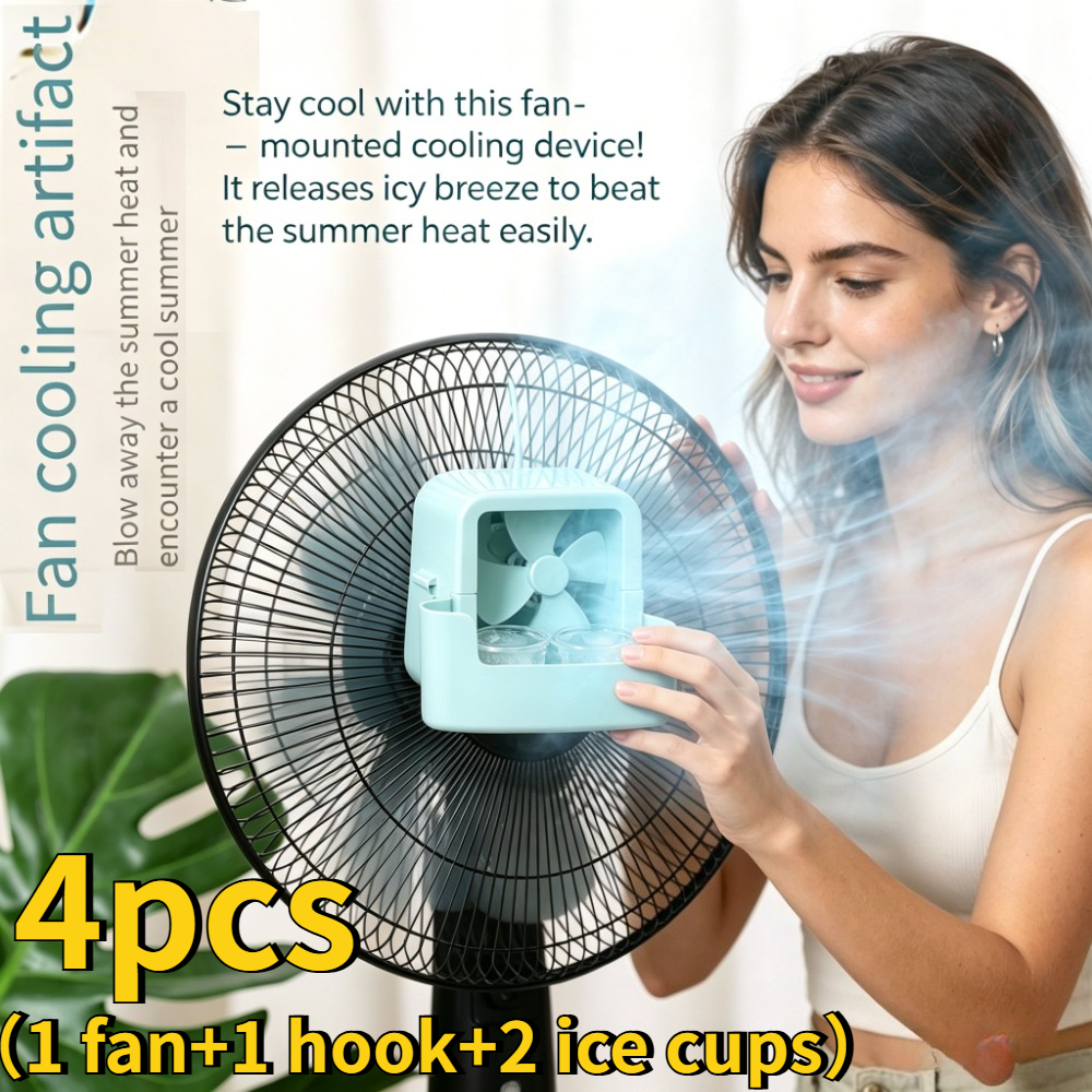 Juego de 4 piezas de accesorios de enfriamiento para ventilador portátil (1 ventilador + 1 gancho + 2 vasos de hielo) - Enfriamiento rápido, no necesita fuente de energía, apto para ventiladores de mano y de pie, diseño oscilante, enfriamiento eficiente para el verano