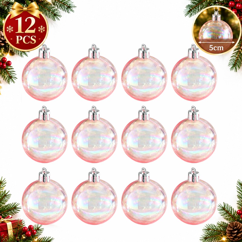 TEMU 12pcs 12pcs Iridescent Transparent Hollow Openable Christmas Ball Ornaments With Pink Edges & Hanging Hooks - Retro Suitable For Christmas Tree