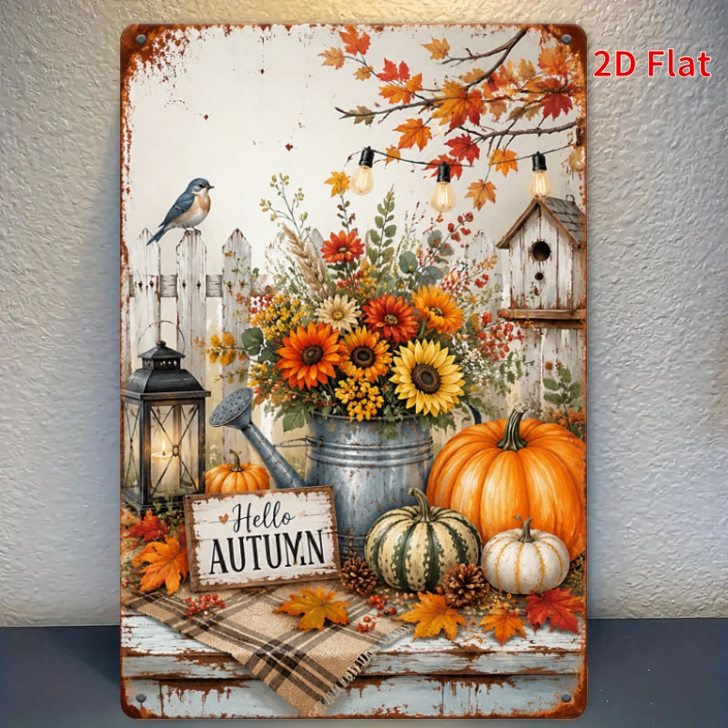 TEMU 2d Flat - [2dflat], 1pc 30x20cm- Fall Garden Tin Sign, Hello Autumn Sunflower Pumpkin Bird Vintage Metal Decorative Signs, Farmhouse Porch Fence