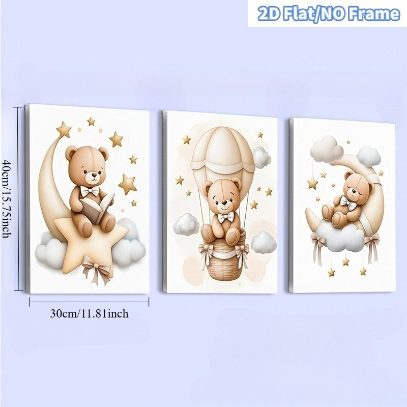 TEMU 2d Flat, 2d Flat, 2d Flat Frameless 3pcs Decorative Canvas Prints, Teddy Bear Nursery Wall Art Decor Men Women Room Picture Bear Nursery Canvas