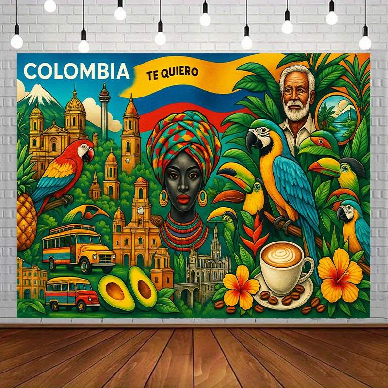 TEMU 1pc Colombia Backdrop - Vibrant Colombian Theme With Tropical Foliage, Coffee, Avocados & Iconic Landmarks - 2d Flat Photography Backdrop For