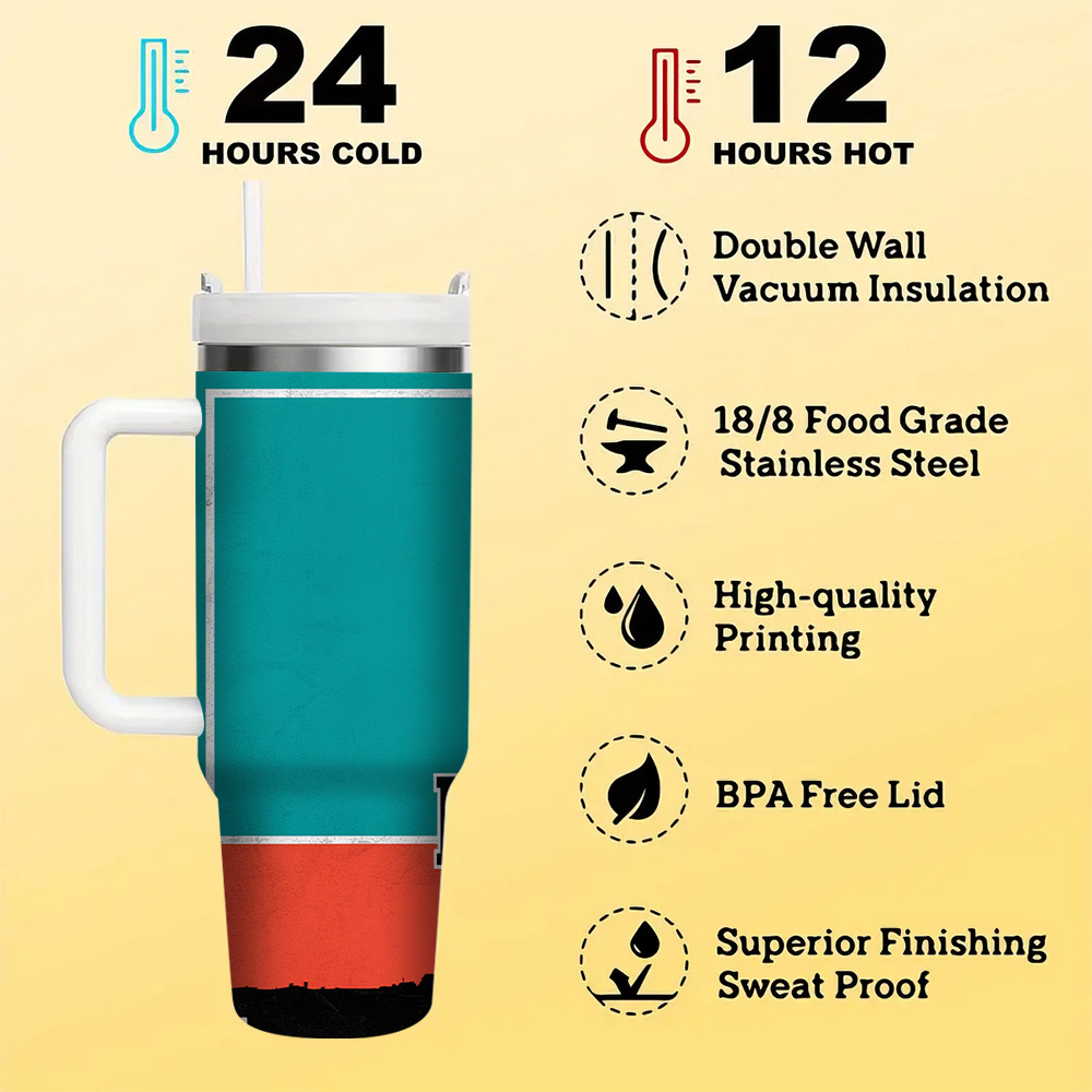 1pc miami football 40oz stainless steel tumbler insulated travel mug with leak proof lid straw durable sports cup for outdoor activities 5
