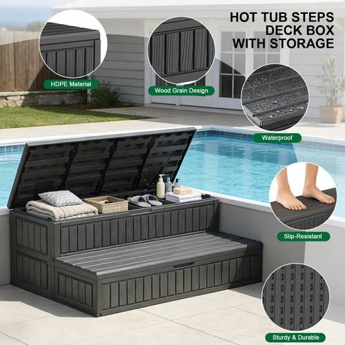outdoor hot tub steps with storage large storage spa steps with anti slip treads storage furniture for bathtub edges 32 gallon capacity pool supplies gardening tools weatherproof design outdoor storage cabinets