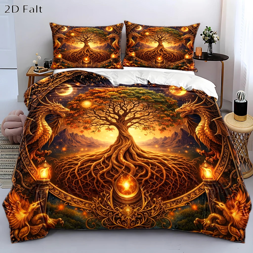 TEMU 3pcs Fantasy Tree Of Life And Dragon Themed Duvet Cover Set, Bedding (1 Duvet Cover   2 Pillowcases), Suitable For , Machine Washable, Hidden