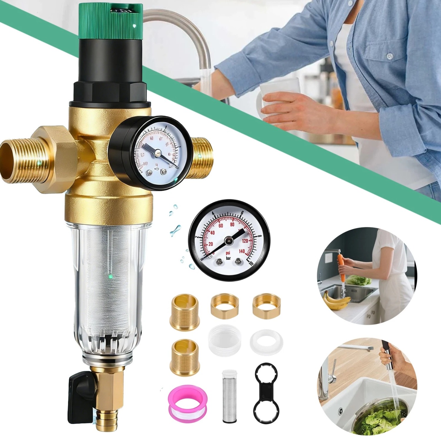 Image of Valve, 3/4-inch Water Pressure Regulator, Gauge Water System Protection