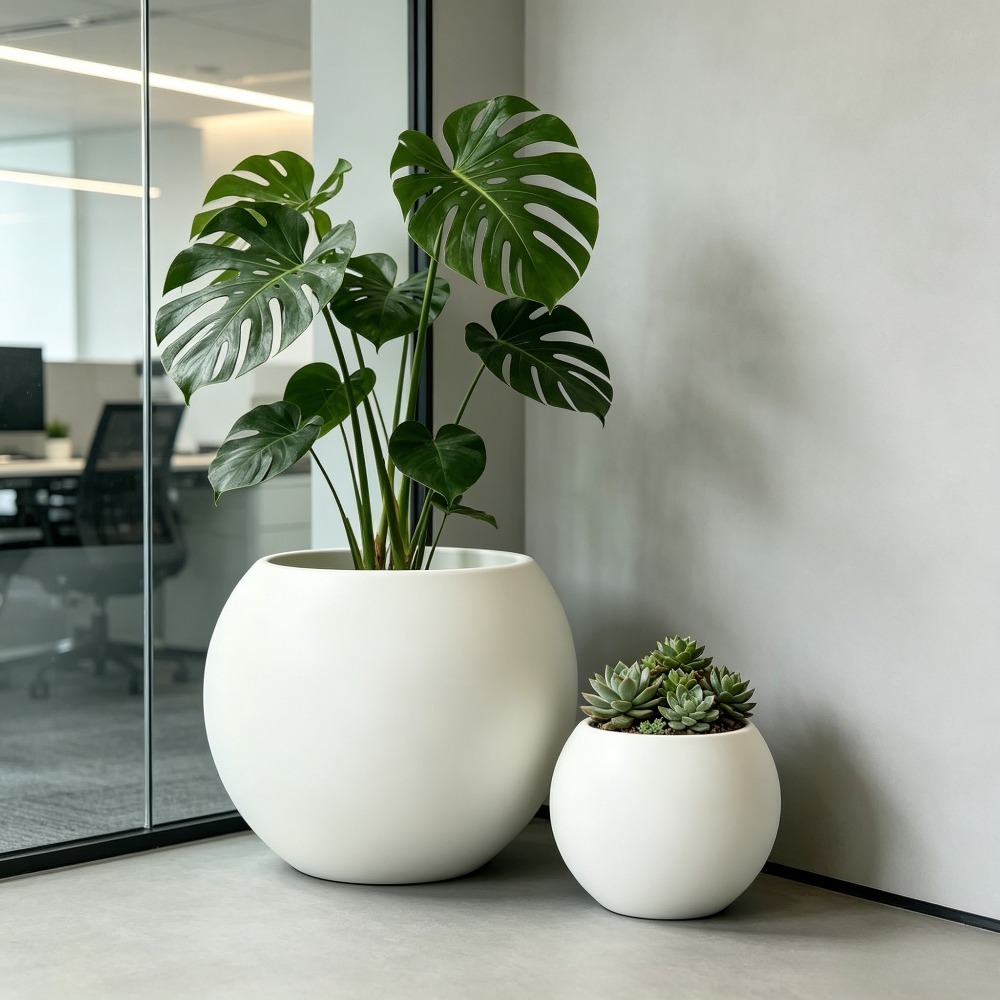 2pcs Set of Light Luxury Matte White Spherical Floor Planters, American Vintage Style for High-End Clubhouse and Villa Interior Soft Decor, Suitable for Indoor and Outdoor Use, Large Potted Plants for Living Rooms/Entryways/Offices