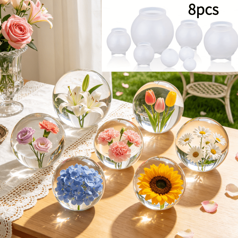 TEMU Set da 8 stampi in silicone a sfera 3D senza cuciture per resina, epossidica e candeliere - per fiori, creare e realizzare oggetti decorativi ,