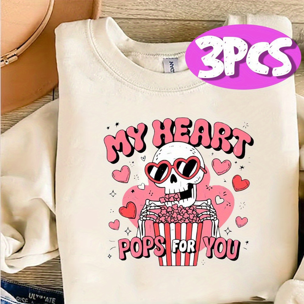 

3-pack Valentine's Day Iron-on Heat Transfer Decals, Washable Diy Paper Material For T-shirts, Masks, Backpacks - Mixed Color