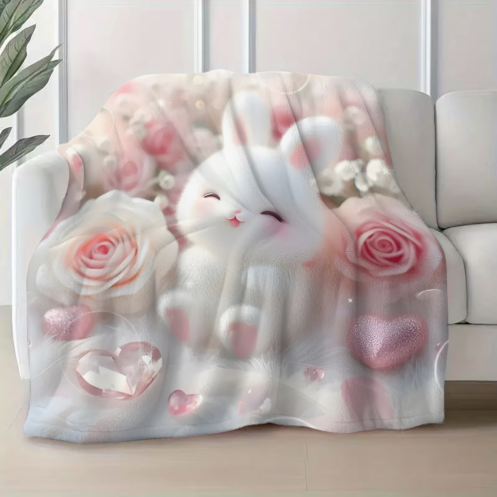 Soft Pink Rabbit Pattern Printed Portable Blanket for Travel