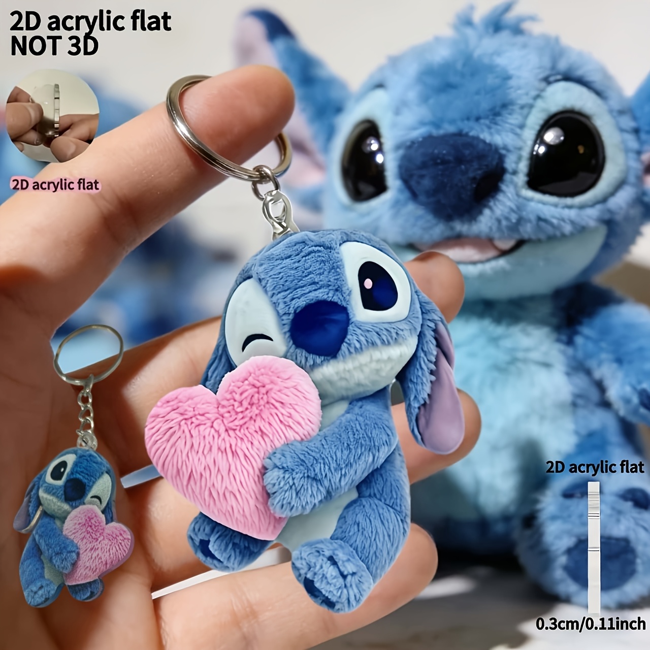 2D Plat - 2D Plan, Porte-clés Stitch Disney Acrylique Autorisé, Porte-clés Stitch/Porte-clés avec Cœur, Est L'accessoire Idéal Pour Les Fans de "Lilo & Stitch", Très Adapté À Une Utilisation Comme Un Porte-clés Ou Une Décoration de Sac