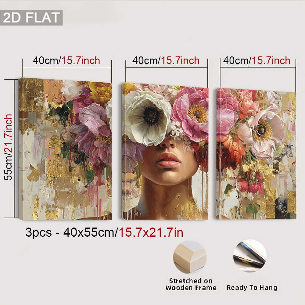 TEMU 2d Flat, 2d Flat, 3pcs Framed Floral Portrait Canvas Decorations Painting, Golden Accents Wall Decor, Abstract Prints Poster, , Fashion Posters,